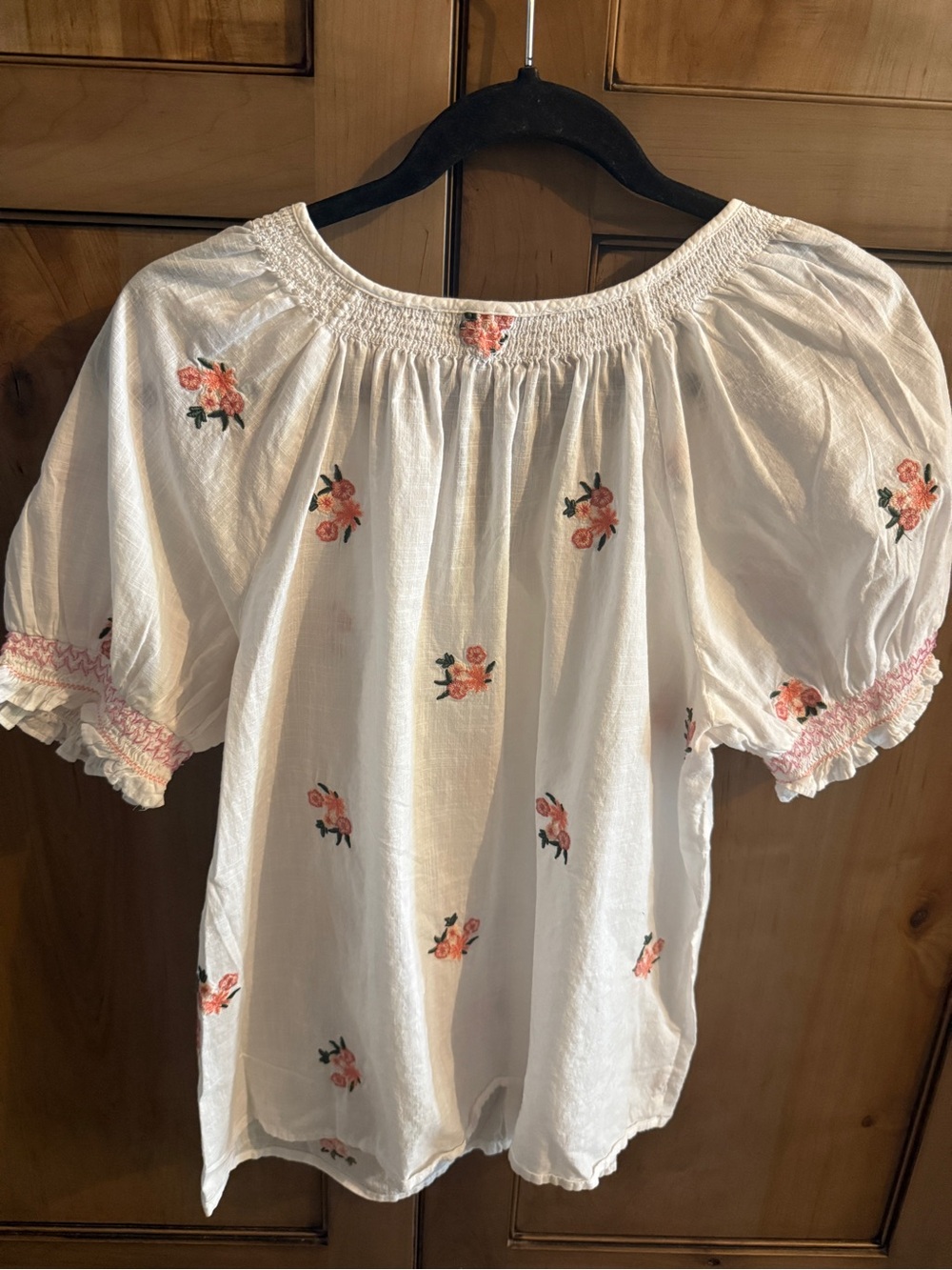LOFT White Button-Front Peasant Blouse with Pink Floral Embroidery - Picture 2 of 7